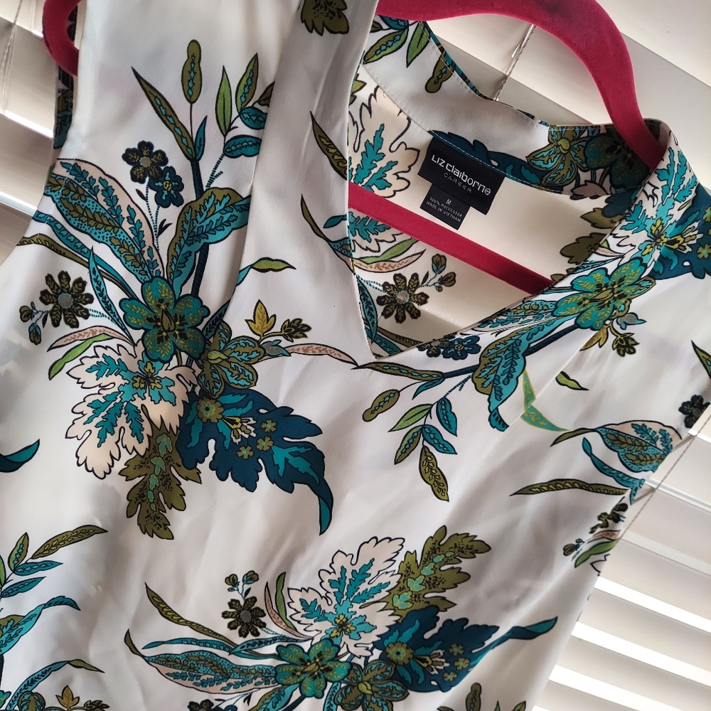 Liz Claiborne Career Sleeveless Floral Blouse Medium Blue Green Teal Flowy Top - Picture 3 of 5